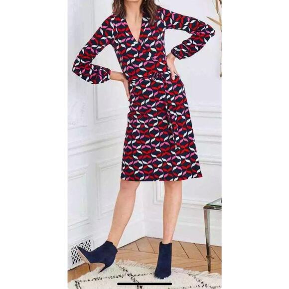 Boden wrap dress Sz 12 Geometric Midi Stretchy Comfy Tie V Neck XL - Picture 9 of 10